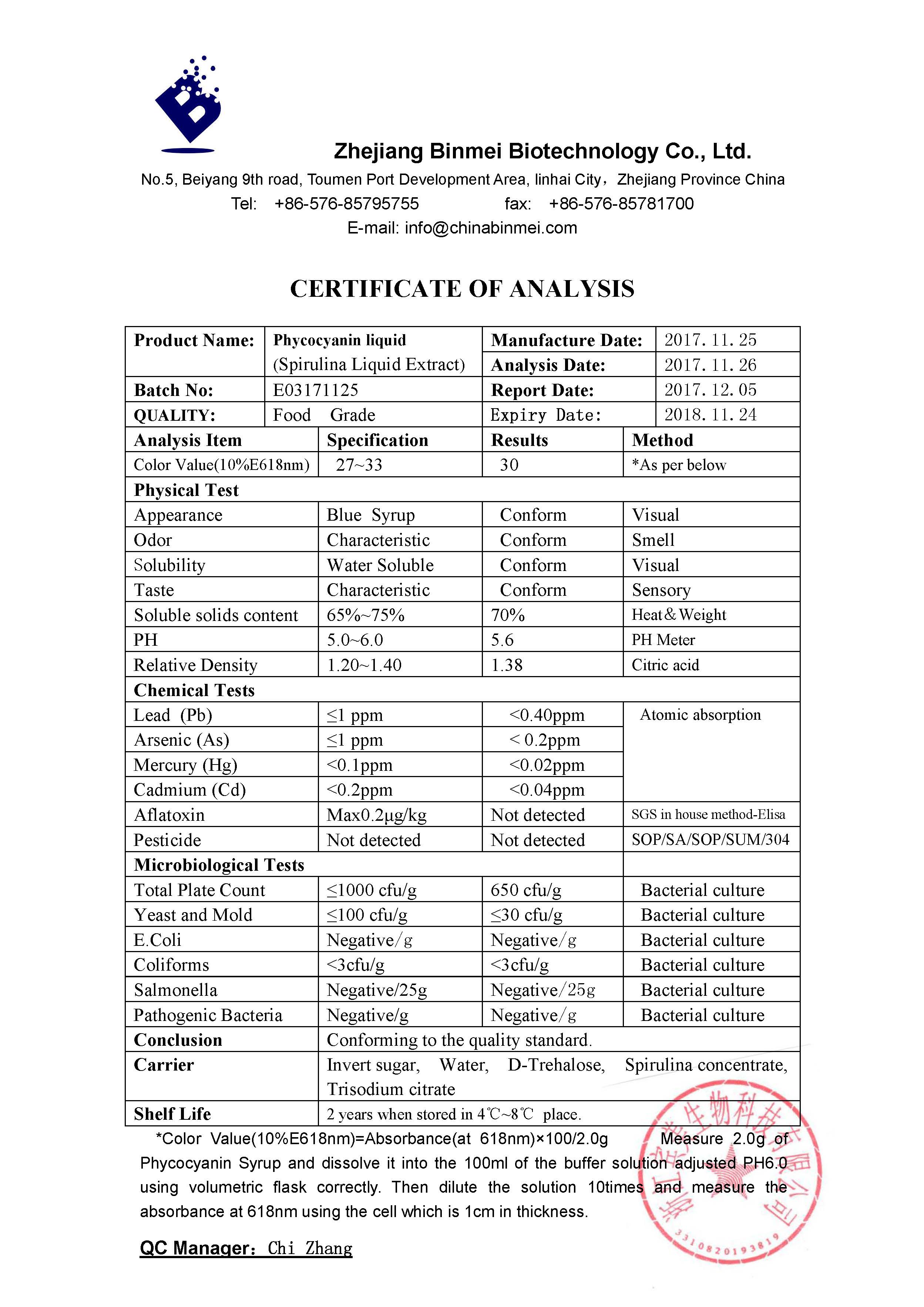 Analysis Certificate of Liquid Spirulina Extract Blue Food Colorant .jpg