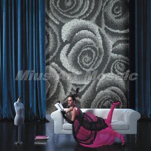C1012 Black ,grey ,white mix color glass mosaic puzzle flower pattern for wall decoration