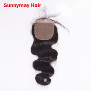Sunnymay 4x4 Virgin Peruvian Human Hair Body Wave Free Middle Three Part Silk Based Lace Closure with Hidden Knots
