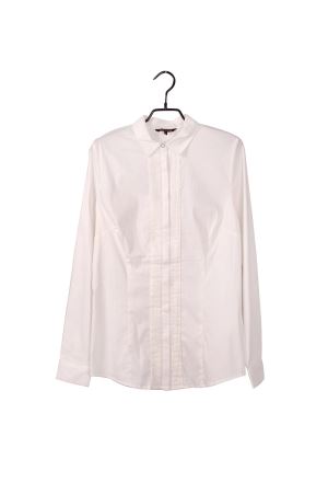 Pure Cotton Pleat Front Fly Elegant Business  Comfortable Women Blouse With Back Mock-Fly And Vent Design