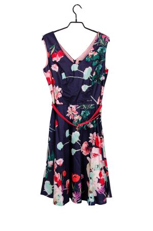 Ladies' Pure Cotton V-neck Flared Mini Dress In Colorful Floral With Belt