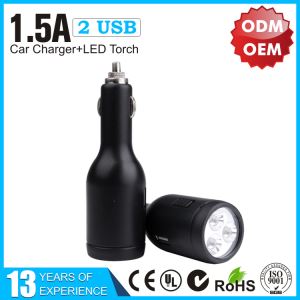 CE Certificate 1.5A Dual USB Car Charger with LED Torch