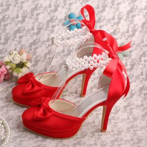 Pearl Strap Ribbon High Heel Wedding Shoes Red