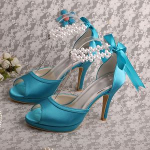 Pearl Strap Peep Toe Bridesmaid Shoes Aqua Blue with Ribbon
