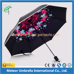 Flower Printed Anti UV Folding Umbrellas Advertising UV Protection 3 Fold Umbrellas Promotional Folding Umbrellas with UV Protection Coating