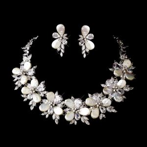 Fresh Water Pearl CZ Flower Bridal Cubic Zirconia Jewelry Set