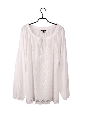 Ladies' Viscose Soft Comfortable Lace Front And Gathering Back White Woven Long-sleeve Blouse With Self Decorative Tie ,Nice Texture