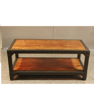 Altra Pinewood Rustic Rectangle Double Layer Coffee Tables with Metal Table Legs