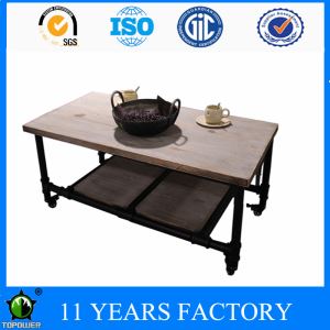 Modern Industrial Reclaimed Rectangular Metal Pipe Wooden Storage Coffee Table with Wheels