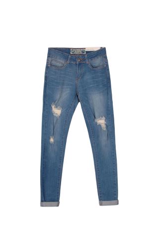 High Rise Slim Leg Demin Skinny Jeans In Mid Wash With Broken-hole Around Knee