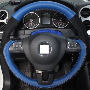 Blue Genuine Leather Black Suede Steering Wheel Cover for Volkswagen VW Gol Tiguan Passat B7 Passat CC Touran Magotan