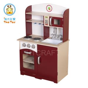 (TK013) Classic Red Wine Role Play Wood Kitchen Toy/small Size Wood Cook Kitchen with Accessories/boys Wooden Toy Kitchen with Micro+Stove+Sink