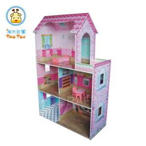 (TD002) Pink Triple Storey Barbie Dollhouse with 15PCS Furniture/role Play Interactive Wooden Toy House for Wholesale