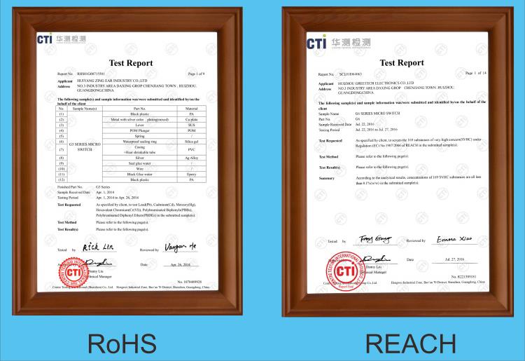 micro switch Rosh and Reach Certificate