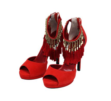 Red gold metal chain red silk thread tassel ankle straps evening stilleto peep toes.jpg