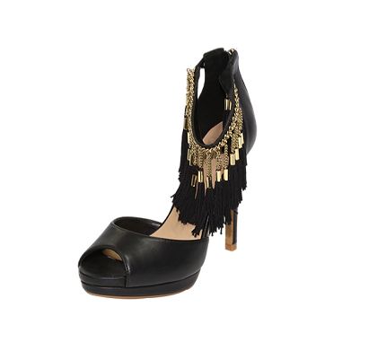 Black gold metal chain black silk thread tassel ankle straps evening stilleto peep toes.jpg
