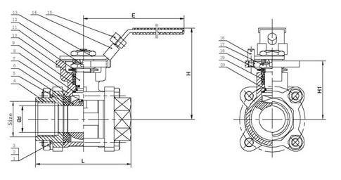high platform 3pc ball valve drawing