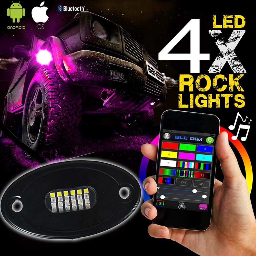 4 LED Rock Lights Wireless w/Bluetooth Music RGBW Color Accent Under Car