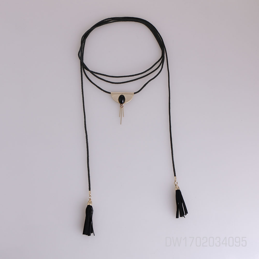 Girl’s Boho Punk Silver Tone Metal Half Round And Bar Pedant With Marquise Gem Black Suede Double Tassel Long Necklace