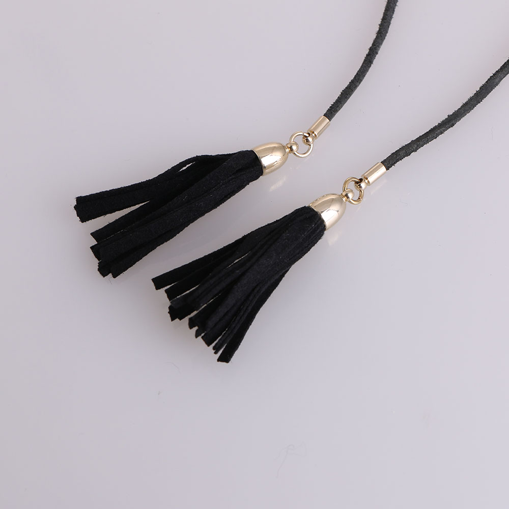 Girl’s Boho Punk Silver Tone Metal Half Round And Bar Pedant With Marquise Gem Black Suede Double Tassel Long Necklace