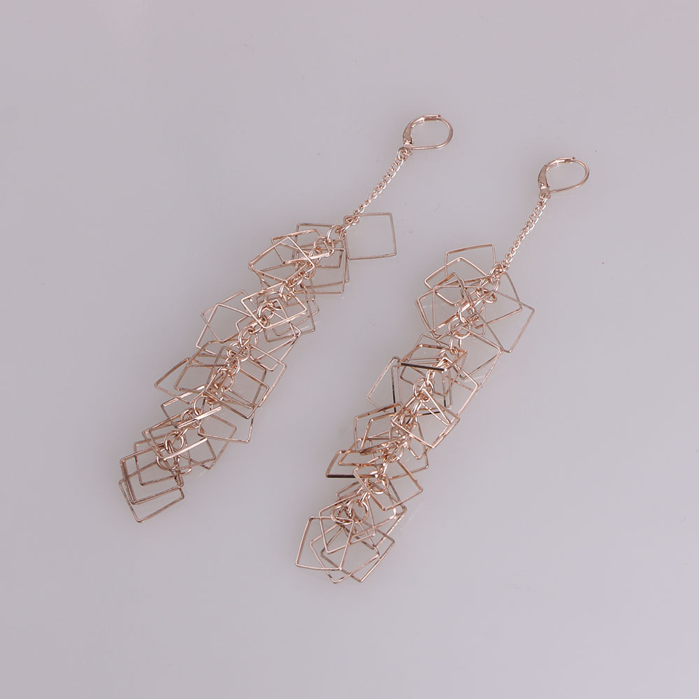 Boho Chic Geometric Square Hollow Out Long Drop Rose Gold Earrings For Party