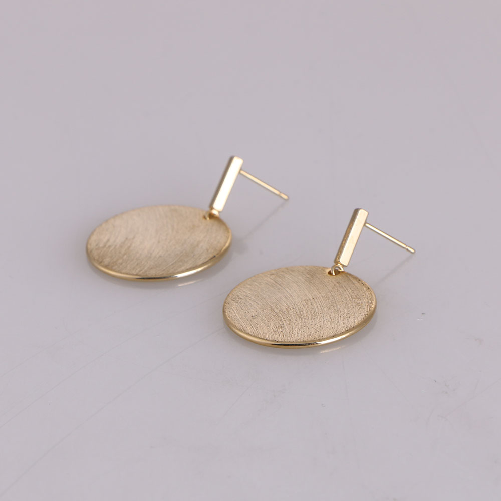 Stylish Gold Tone Disc And Bar Piercing Earrings Brushed Disc Round Hoop Circle Metal Drop Ear Studs