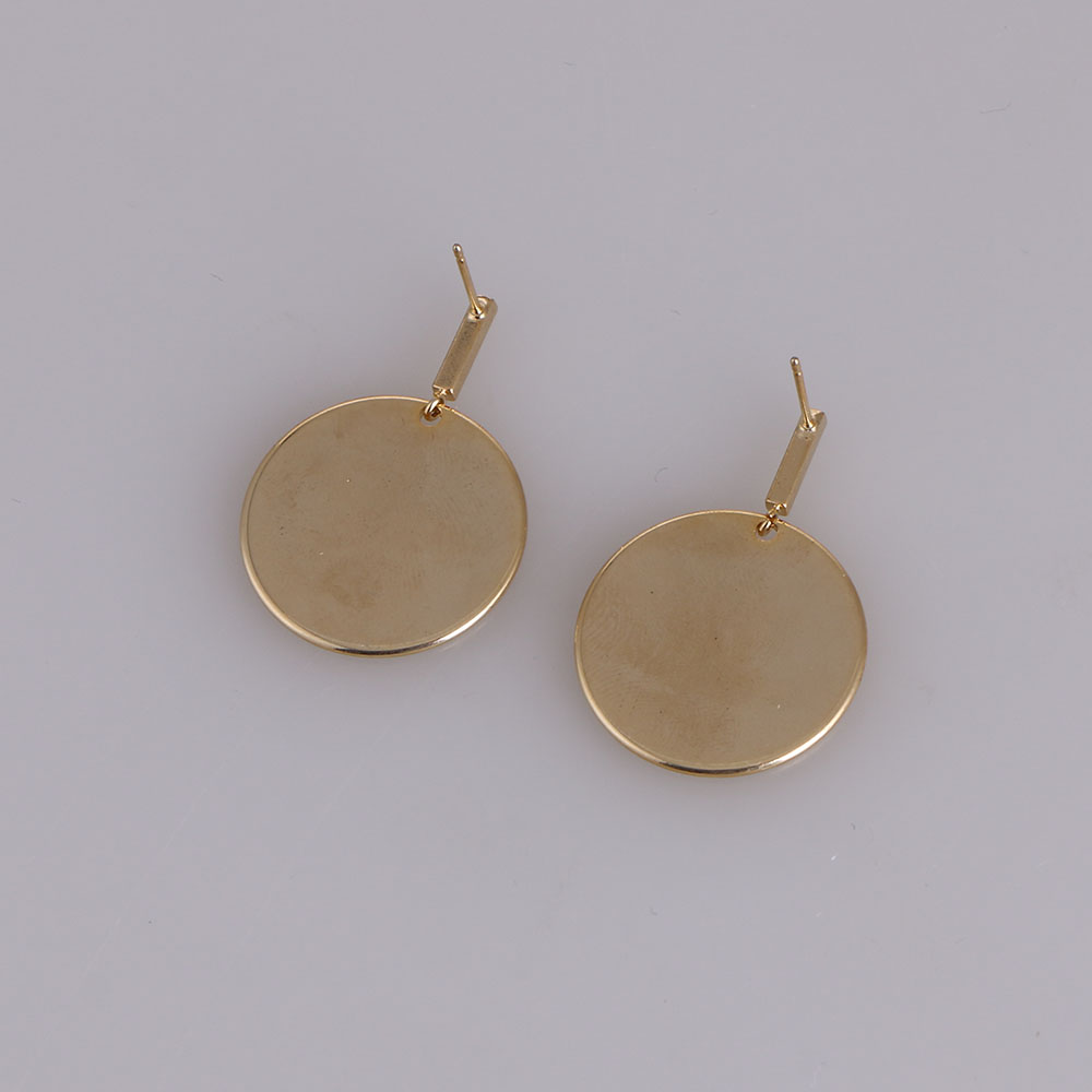 Stylish Gold Tone Disc And Bar Piercing Earrings Brushed Disc Round Hoop Circle Metal Drop Ear Studs