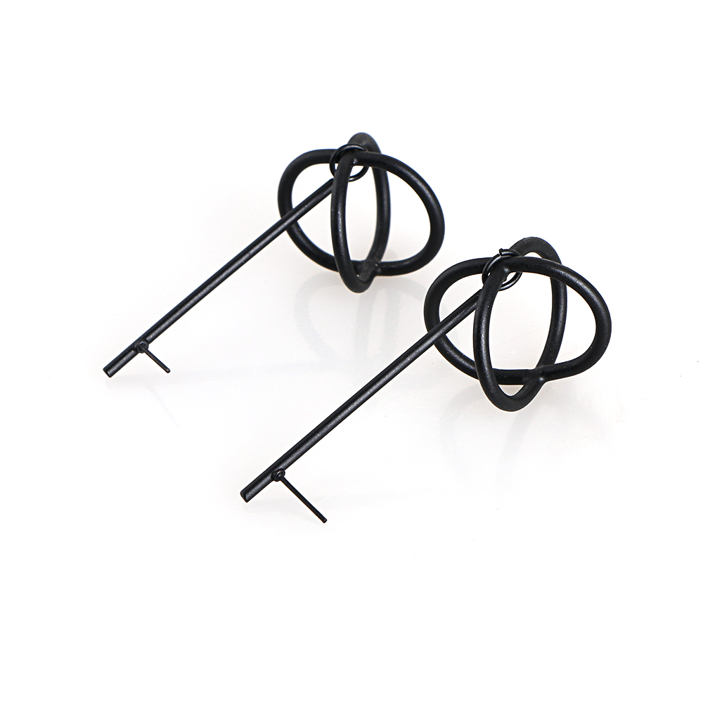 Trendy Black Bar And Rings Ear Studs Plain Long Drop Bar And Dangling 2 Two Circle Hoop Earrings