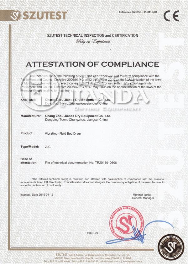 CE certificate of Fluid bed dryer