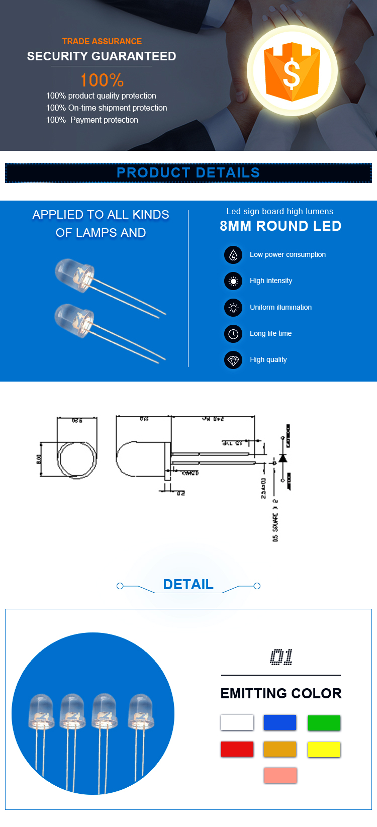Super Bright 8mm Round DIP LED Diode(different colors available)