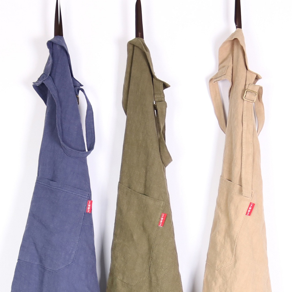 Good quality blue linen women's catering aprons for coffee shop (8).JPG