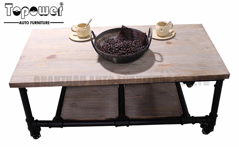 Modern Industrial Reclaimed Rectangular metal pipe wooden storage coffee table with wheels