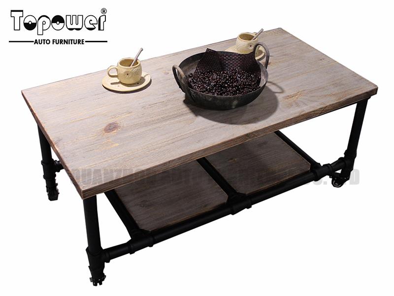 Modern Industrial Reclaimed Rectangular metal pipe wooden storage coffee table with wheels