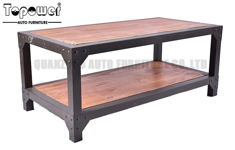 Altra pinewood rustic rectangle double layer coffee tables with metal table legs