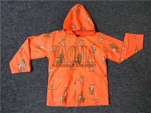 Orange Color PVC Waterproof Rain Jacket With Hood For Kids