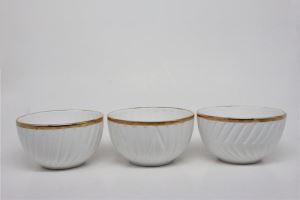 Set of Three Gold Rimed Ceramic Cereal and Soup Bowls