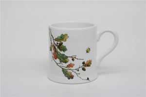 Appliqued Autumn Season Tree and Nuts Ceramic Bevel Flange Mugs