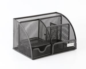 Office Black Mesh Metal Desk Organizer 5 Compartment with Drawer
