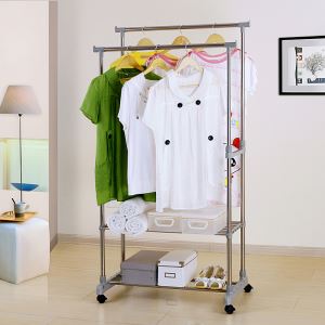China Wholesale Flat Pack Stainless Steel Clad Pipes Furniture Double Rods Lifting Adjustable Movable Shoes and Clothing Rack with Wheels