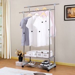 China Manufacturer Flat Pack Stainless Steel Clad Pipes Furniture Home Life Height and Length Adjustable Movable Double Rails Clothes and Shoes Rack with Wheels