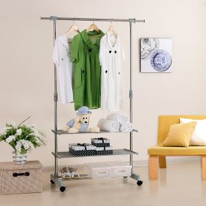 China Manufacturer Flat Pack Stainless Steel Clad Pipes Furniture Home Life Height and Length Adjustable Movable Single Rail Clothes and Shoes Rack DIY with Wheels