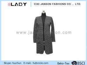 New Design Straight Cut Ladies Black and White Dot Line Jacquard Casual Collarless Outerwear Pocket Long Blazer