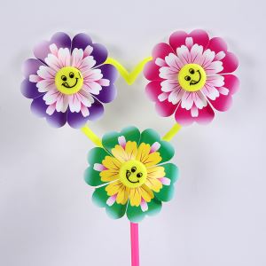 Three Wheels Smiling Face Peony Colorful Outdoor Garden Advertising Windmill Plastic Party Wedding Park Decoration DIY Pinwheel Toys China Factory