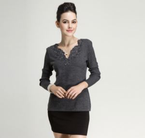 Fall Winter Wool Ladies Knitted V Neck Long Sleeve Sweater Pullover with Embroidery & Beading