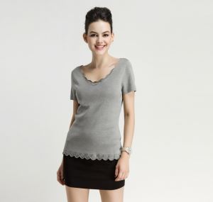 Fall Winter Silk Ladies Knitted V Neck Short Sleeve Sweater Pullover with Flounces