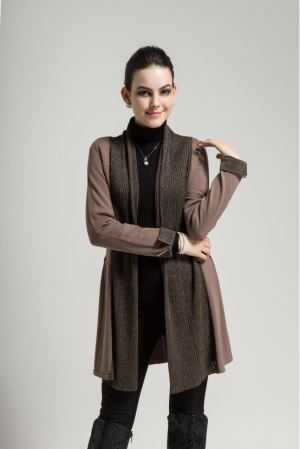 Fall Winter Ladies Silk Cotton Novelty Stitch Knitted Long Sleeve Long Cardigan Contrast Color