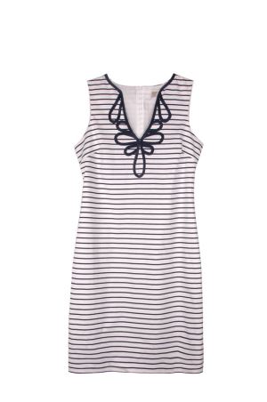 Navy Stripe Midi Lined Dress With Embroider In The V-neck And Insvible-zip Back