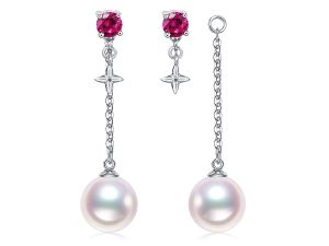 2017 China Good Quality AAA Round 8-9mm Freshwater Popular Pearl Drop Earrings With 18K Platinum And Red Tourmalines