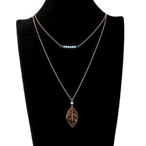Multi Layer Metail Chain Necklace With Metal Leaf Pendant And Stone