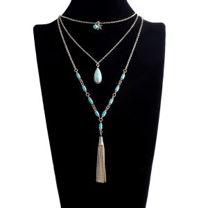 Fashionable Multi Layer Metal Chain Necklaces With Stone And Metal Tassel Pendant